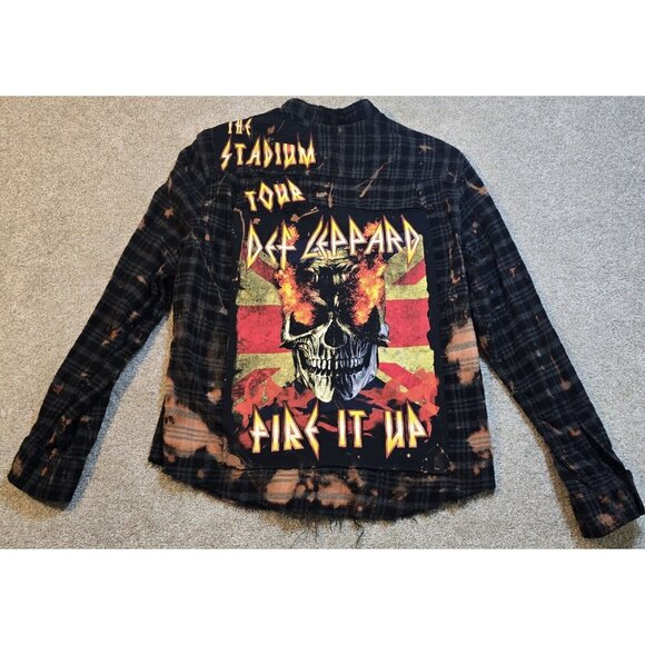 OOAK Upcycled Flannel Shirt Def Leppard Rockabilly Patches Distressed Grunge XL - Picture 1 of 13